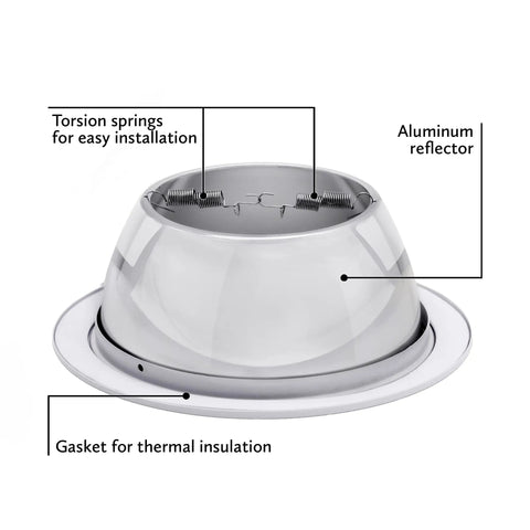 Close-up of 12 Pack 6 Inch Recessed Light Trim Covers with aluminum chrome reflector and white ring showing torsion springs.