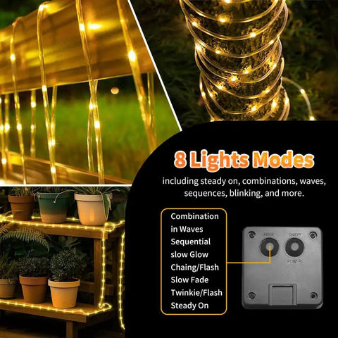 Solar Rope Light IP65 Waterproof 39Ft 100LEDs Outdoor String Lights for garden decoration with 8 light modes.
