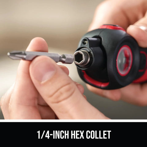 Close-up of a 1/4-inch hex collet on Twist 2.0 Dope Rechargeable 4V Screwdriver With Pivoting Head And Lock Three Torque Settings