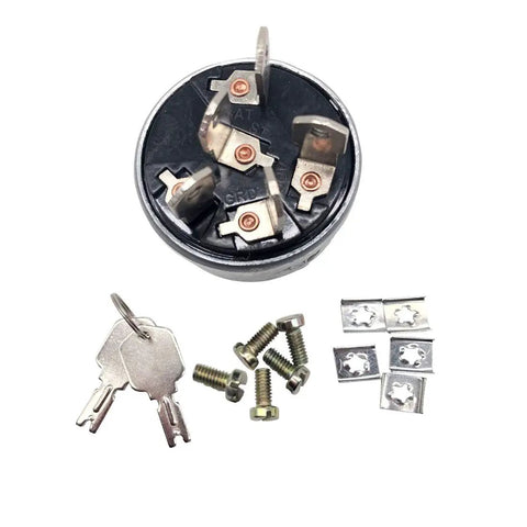 Ignition Switch For Hyster Clark Crown Daewoo Forklift Models 2394129 272041 108066 D147482 Aftermarket Replacement shown with keys and screws