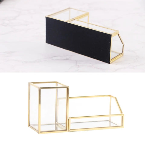 Gold Glass Business Card Holder With Pen And Pencil Tray Desktop Display Stand For Office Organization Countertop Meeting Accessory Anti Scratch Glass Bottom Durable Metal Frame Sleek Desk Top Card Organizer.
