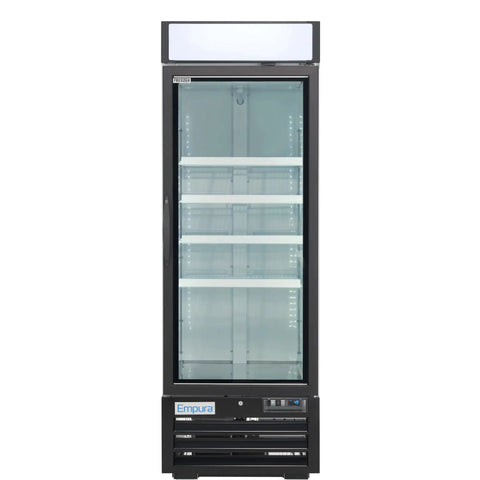Rock Solid 27 Inch Reach In Freezer With One Swing Glass Door Merchandiser Boasts 19.2 Cubic Feet Of Serious Cold Storage, sleek black design.