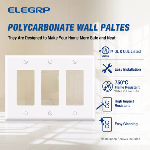 Three-Gang Decorative Wall Plates Pack Of Five Unbreakable Thermoplastic Faceplates UL Listed with installation features