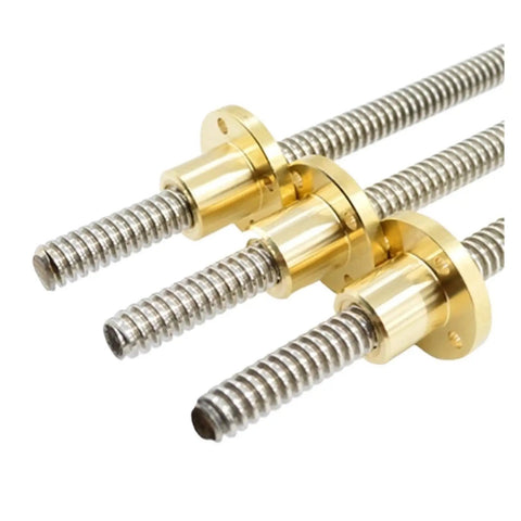 Ball Screw With Nut T12x12 Large Lead Trapezoidal Screw For CNC Machines And 3D Printers Pro Grade High Precision Stepper Motor Screw Nut 12mm Shaft 950mm Length, showing three screws with gold-colored nuts on a white background.
