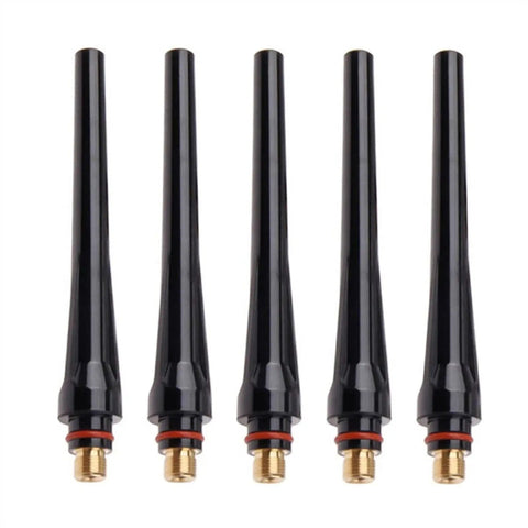 Top Tier 5 Or 10 Pack Of Heavy Duty Long Back Caps For WP-17 WP-18 And WP-26 TIG Welding Torch Heads displayed in a set.