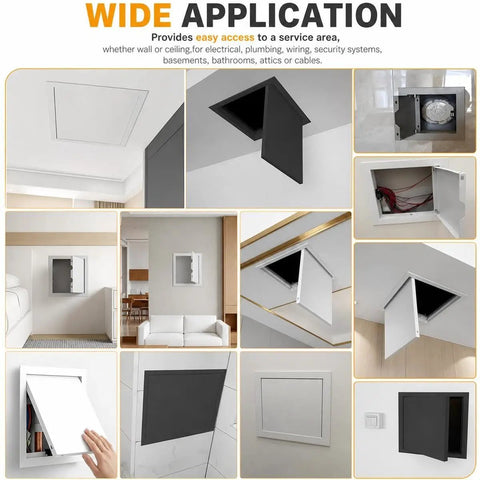 Rock Solid Aluminum Push To Open Access Panel For Drywall, Zero Sweat Magnetic Catch Flush Mount Ceiling Door For Plumbing And Electric, Easy Setup, Snap On Style, Matte Black Frame, 15X18 Inches in various settings.