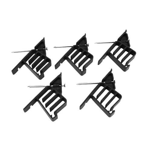 Sturdy 25-Pack Cable Stackers To Keep Cables Organized And Tied Down Neatly For Your Game Setup Or Desk showing five black plastic clips with nails.