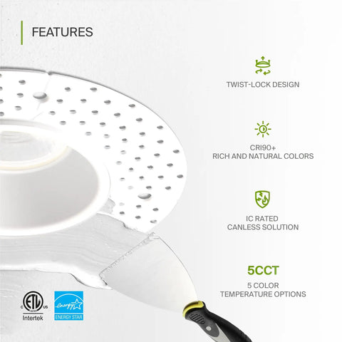 Trimless 4 Inch LED Recessed Downlight Canless 15W 120V Dimmable No Fuss Ceiling Light With J Box 5 CCT 2700K 5000K CRI 90 Plus IC Rated ETL Energy Star White Durable featuring twist-lock design and 5 CCT options