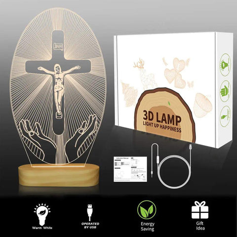 Jesus Cross Night Light USB Powered Cozy Bedside Lamp with 3D cross illusion and warm yellow glow, shown with packaging and USB cable.