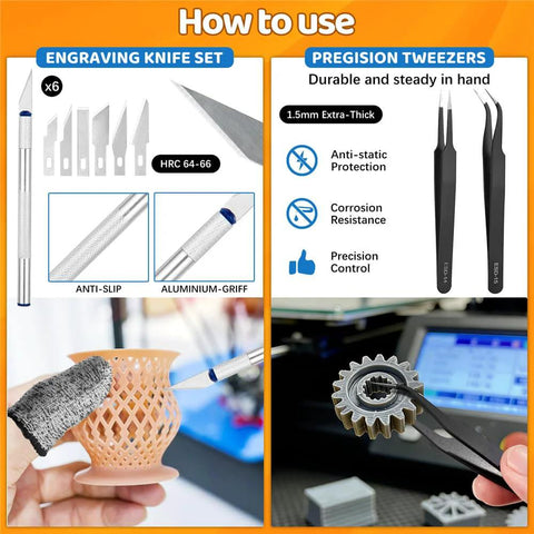 50-piece 3D printer toolkit in case for all FDM/SLA printers with nozzle cleaning, scraper, deburring tools, files