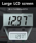 Digital Caliper 0.01mm, IP67, Stainless Steel, Diameter Depth showing large LCD screen with measurement 12.97mm.