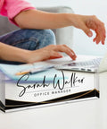 Person using laptop with Personalized Acrylic Desk Name Plate With Custom Text For Your Name Or Title, Sleek Black Stripe Office Decor