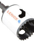 LENOX hole saw with arbor, 1-3/4 inch, white housing, serrated teeth, front view
