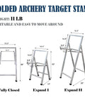 Backyard Archery Target Stand With Telescopic Height Adjustment, three stages, foldable metal design, dimensions labeled.