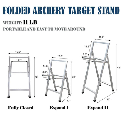 Backyard Archery Target Stand With Telescopic Height Adjustment, three stages, foldable metal design, dimensions labeled.