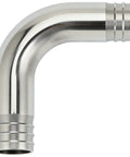 Angled view of stainless steel 90-degree hose barb elbow fitting with 2-inch barbs on both ends