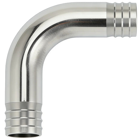 Angled view of stainless steel 90-degree hose barb elbow fitting with 2-inch barbs on both ends