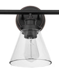 Close-up of clear glass shade on Three-Light Vanity Fixture in oil rubbed bronze for over-mirror bathroom, powder room, makeup mirror lights.