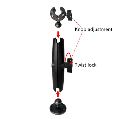 Heavy Duty Trolling Motor Stabilizer With Adjustable Shaft Clamp For Smooth Sailing And Serious Anti Vibration Grip On Rough Days with twist lock and knob adjustment details.