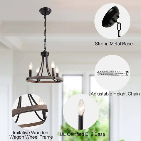 Black Farmhouse Chandelier With 4 Lights Round Wagon Wheel Pendant Fixture Delivering Rustic Industrial Vibe Adjustable Height Perfect For Dining Room Foyer Living Room And Entryway