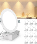 12 Pack Slim 6 Inch LED Recessed Downlights, Ultra Thin 0.39 Inch Canless Fixture, Damp Rated, 1100 Lumens with lit kitchen