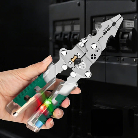 Person holding All In One 18 In 1 Foldable Wire Stripper With Voltage Detector, shown with green grips and multifunctional tool features.