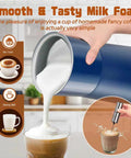 Two In One Milk Frother And Steamer, Quiet Electric Milk Warmer For Hot Foam And Steamed Milk, Blue pouring frothed milk