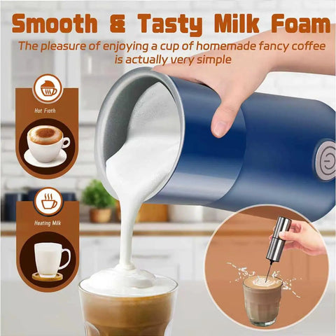 Two In One Milk Frother And Steamer, Quiet Electric Milk Warmer For Hot Foam And Steamed Milk, Blue pouring frothed milk