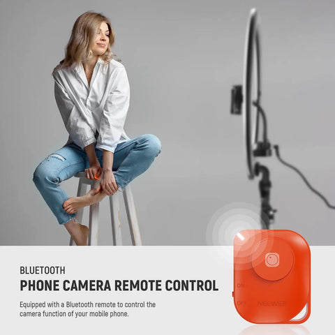 18 Inch Ultra Thin Ring Light With Tripod Stand And Phone Holder For iPhone, 45W Remote Shutter, woman using light