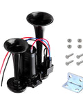 Hella Loud Badass 12V Car Air Horn With Integrated Compressor And Dual Trumpets Super 120dB Waterproof showing black dual trumpets and integrated compressor.