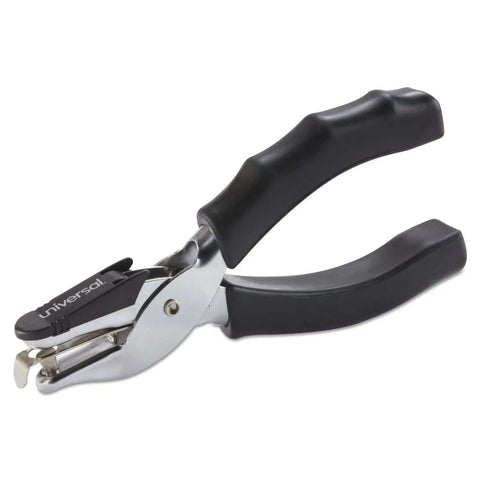 Eight-Sheet Handheld One-Hole Punch for Quick Paper Punching with One Quarter Inch Holes, tough metal body and ergonomic rubber grip.