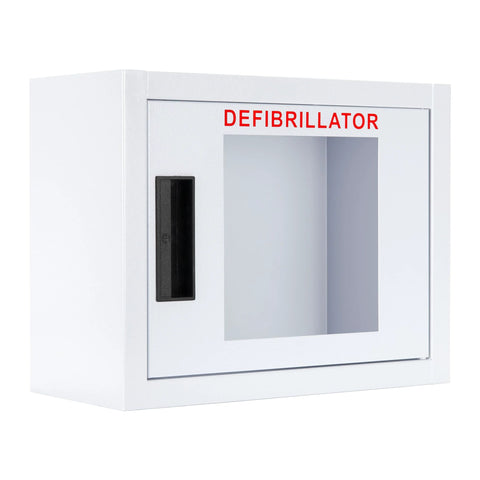 CUBIX SAFETY compact white AED cabinet with front window and black recessed handle.