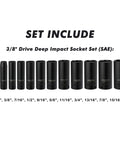 Beefy 12 Piece 3/8 Inch Drive Impact Socket Set With 6-Point SAE Deep Sockets CR-V Steel displayed in sizes from 5/16 to 1 inch