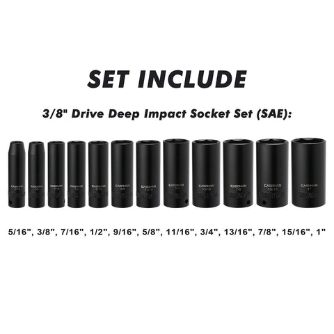 Beefy 12 Piece 3/8 Inch Drive Impact Socket Set With 6-Point SAE Deep Sockets CR-V Steel displayed in sizes from 5/16 to 1 inch
