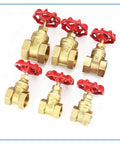 Six brass ball valves with red wheel handles and female threaded ends for copper water lines