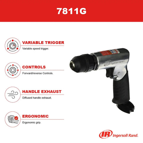 Three Eighths Inch Keyless Chuck Air Drill With Pistol Grip Variable Speed Trigger 1700 RPM 0.5 HP Forward Reverse Diffused Exhaust For Clean Work And Pro Level Power