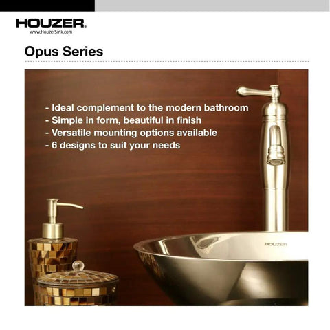 Opus Series stainless steel bathroom sink with modern silver faucet next to decorative items on a wooden countertop.