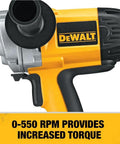 Close-up of Badass Torque One Half Inch Spade Handle Corded Drill With Nine Point Zero Amp Motor showing trigger and RPM details.