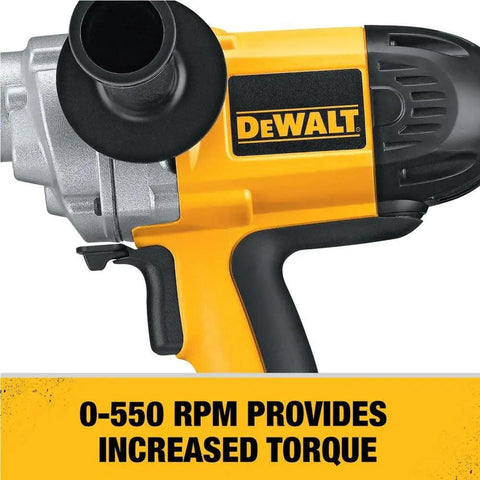 Close-up of Badass Torque One Half Inch Spade Handle Corded Drill With Nine Point Zero Amp Motor showing trigger and RPM details.