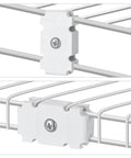 Close-up of Six Piece Joiner Plates Kit For Closet Support Brackets And Shelf Organizer Grid Connectors with white plastic clamp.