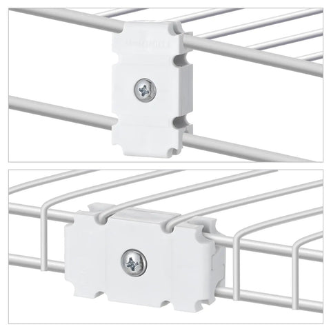 Close-up of Six Piece Joiner Plates Kit For Closet Support Brackets And Shelf Organizer Grid Connectors with white plastic clamp.