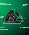 Powerhouse 36V Cordless Track Saw Kit with 6-1/2 Inch Blade, Adjustable Bevel, displaying features like brushless motor.