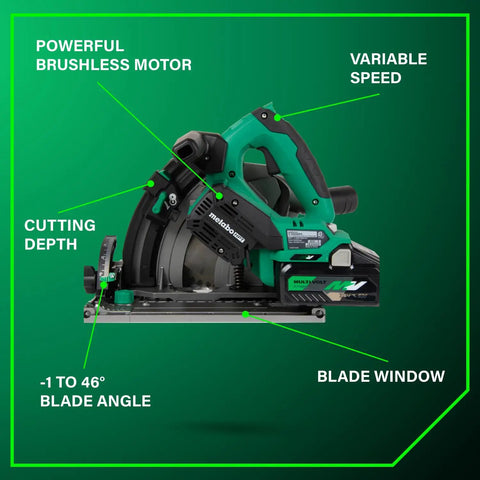Powerhouse 36V Cordless Track Saw Kit with 6-1/2 Inch Blade, Adjustable Bevel, displaying features like brushless motor.