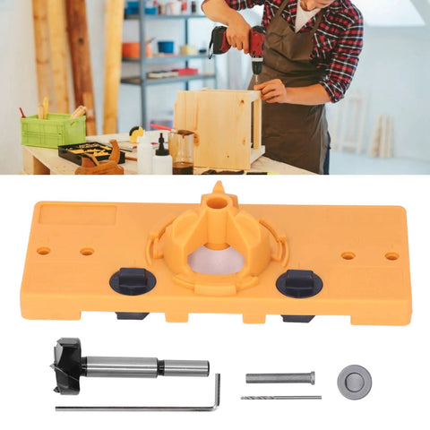 Heavy Duty Aramox Hinge Hole Saw Jig For Woodworking Pros with 35mm cutter, depth stops, and accessories for precise hinge installation.