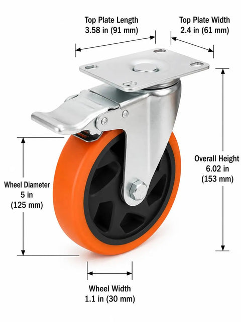 Heavy Duty Beefy Caster Wheels Set Of Four Locking Casters With Dual Ball Bearings smooth swivel caster with 5-inch orange wheel