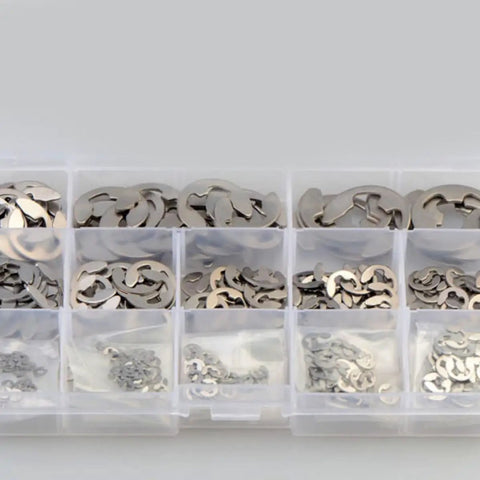 Stainless Steel E Shaped Retaining Ring Kit 400 Pieces M1.5 To M15 Anti Rust Snap Ring Set for shafts displayed in storage box