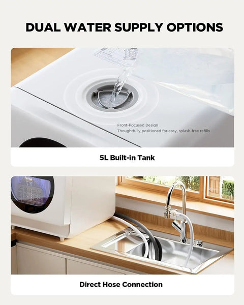 No Fuss Portable Countertop Dishwasher With Smart App Control And Built In Water Tank showing 5L tank and direct hose connection.