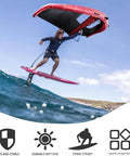 Person using inflatable handheld wing foil kite for wind wing foiling and kitesurfing, includes storage bag and surf leash.