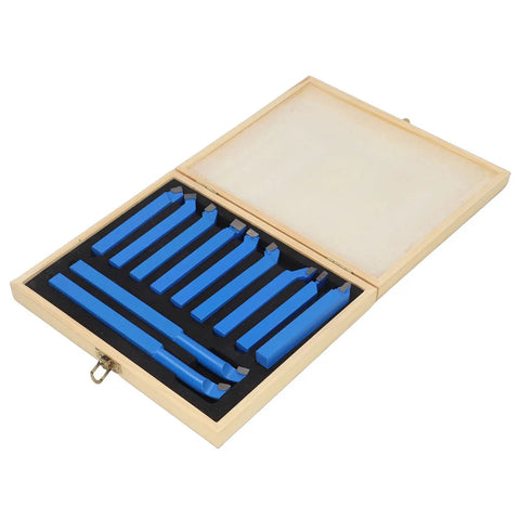 Rock Solid 11 Piece Lathe Tool Set With Carbide Tips in wooden case showing 11 strong steel tools for high performance machining.
