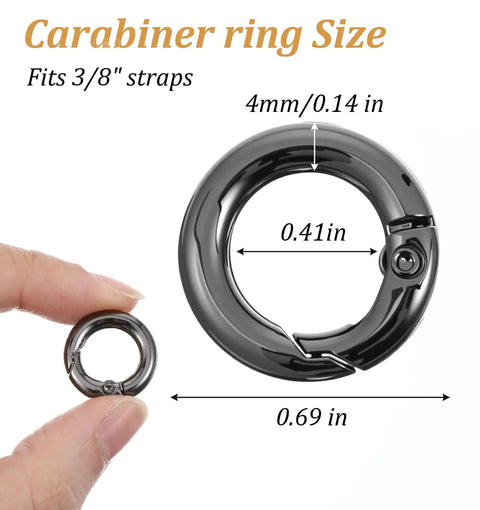 Mini Carabiner Clips Pack Of 20 For Keys And Gear, Lightweight Zinc Alloy Micro Clasp, 0.67 Inch Size, Black shown with dimensions